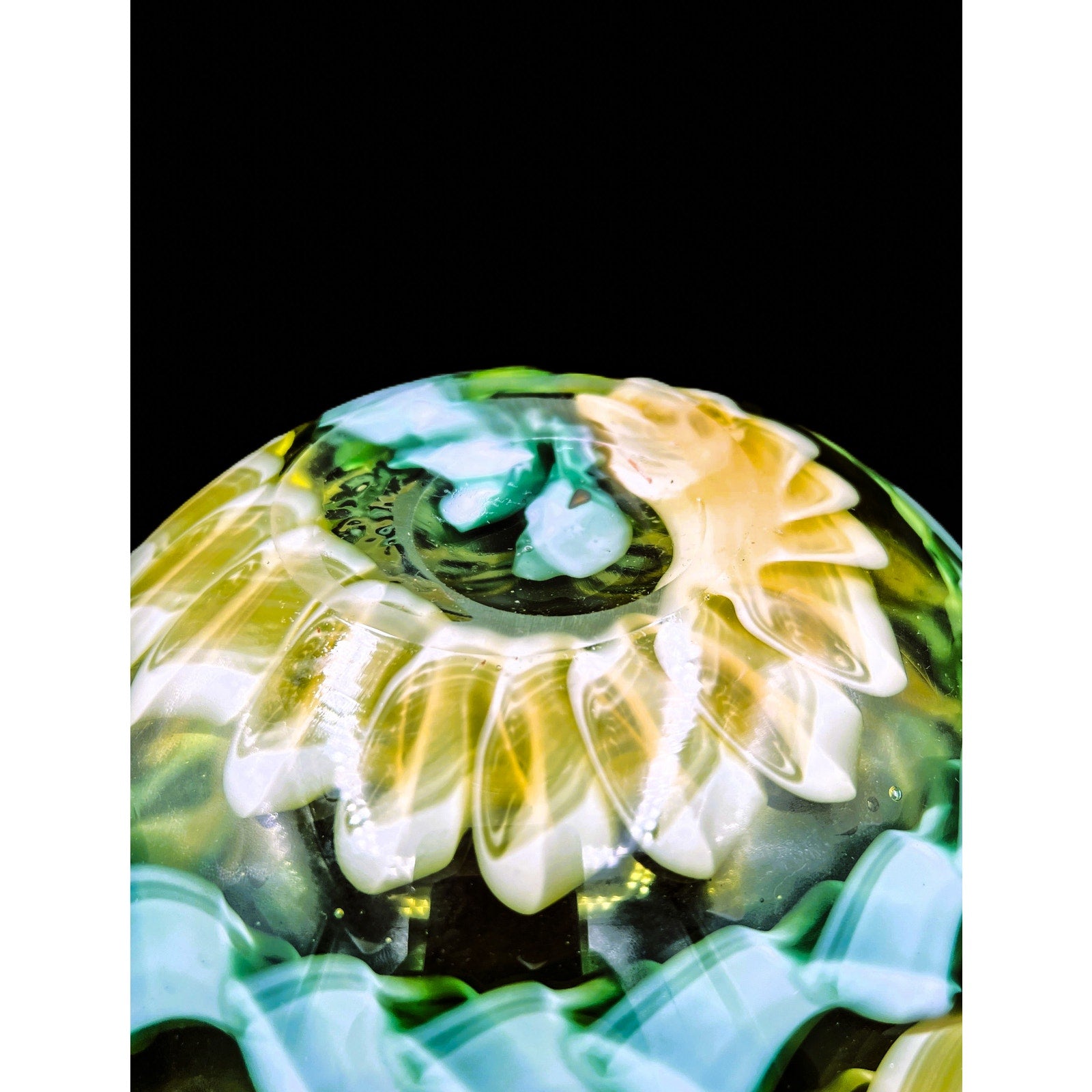 Handblown Midcentury Handkerchief Glass Bowl With Yellow & Green Ribbon Design