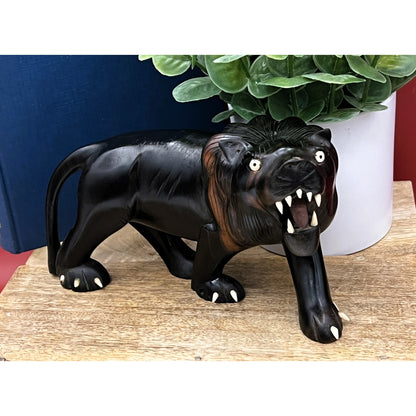 Hand-Carved Ebony Lion Sculpture with Bone Accents 7-Inch Art Decor