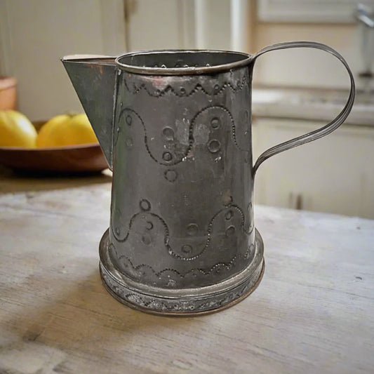 Vintage Tin Pitcher with Etched Design - Antique Kitchen Decor