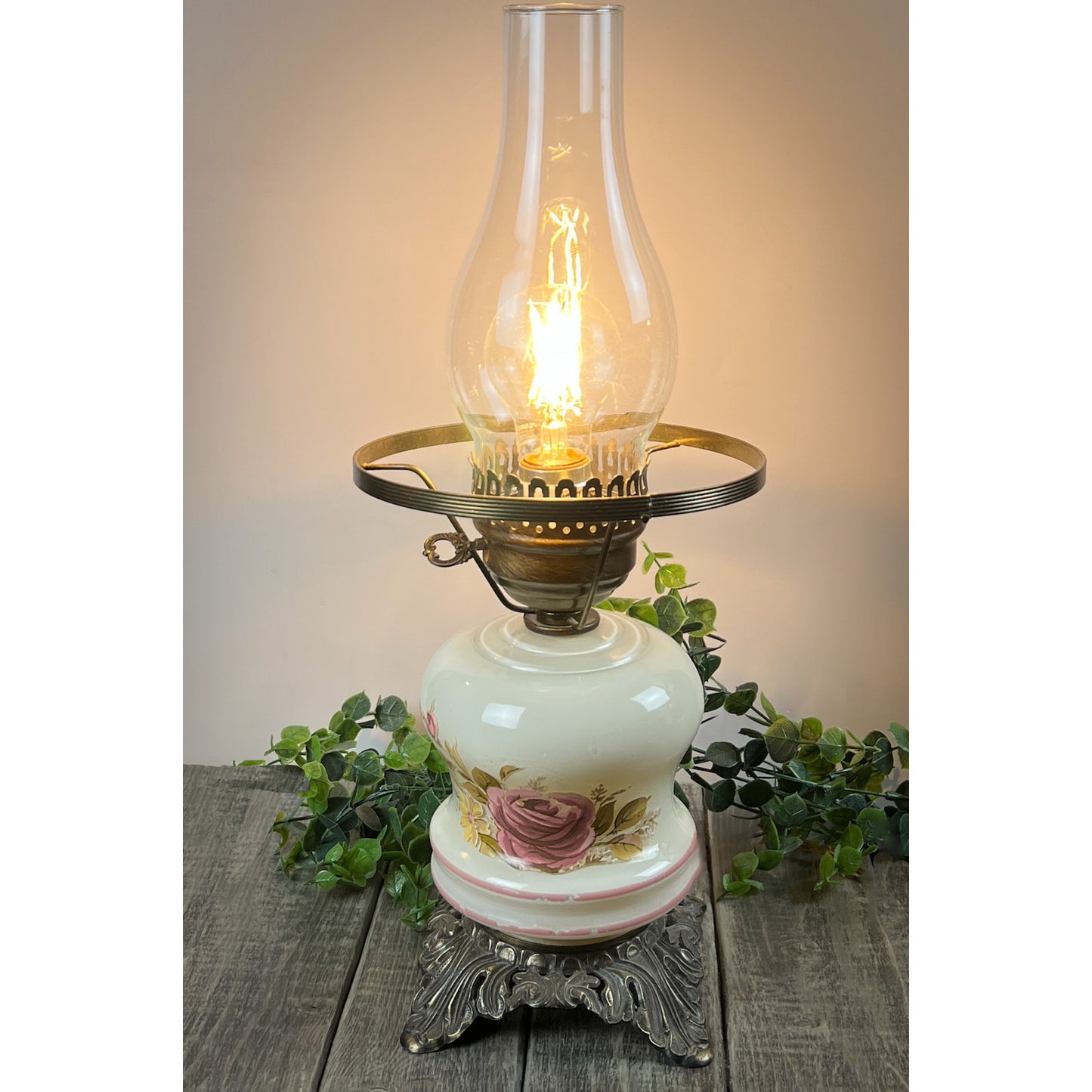 Vintage Hurricane Lamp with Floral Design and Ornate Metal Base - Antique Style Oil Lamp