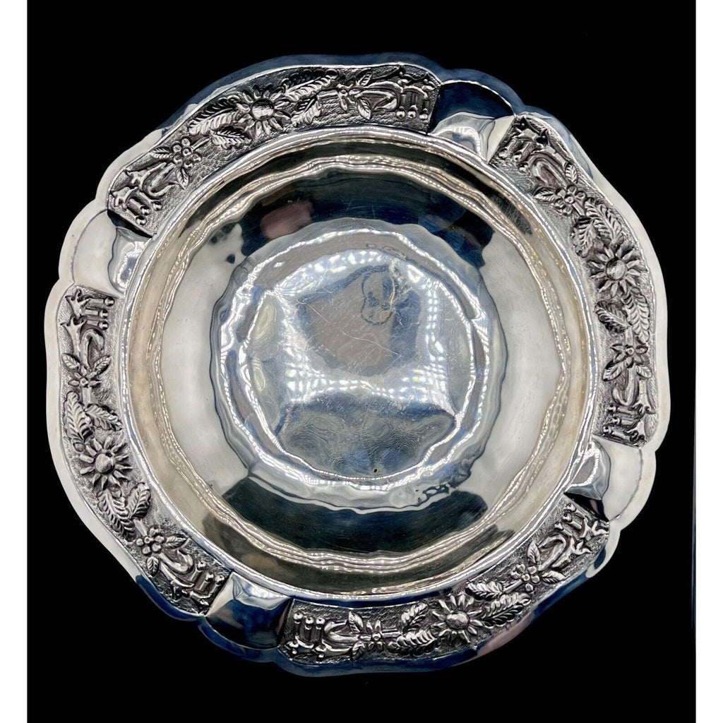 Maciel Mexico 925 Sterling Silver bowl with rare floral repousse border; vintage mid-century centerpiece.