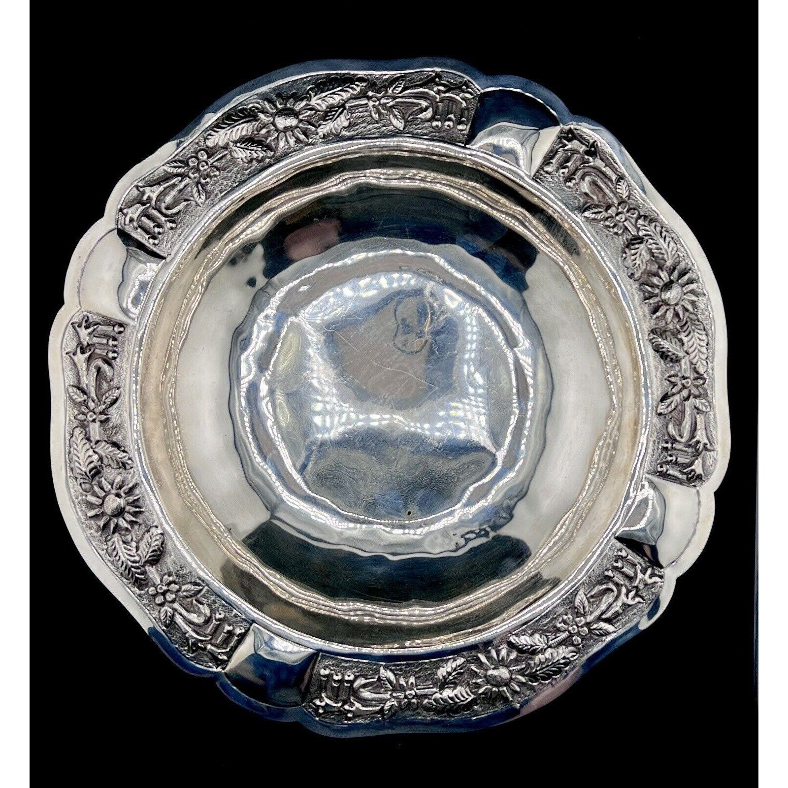 Maciel Mexico 925 Sterling Silver bowl with rare floral repousse border; vintage mid-century centerpiece.