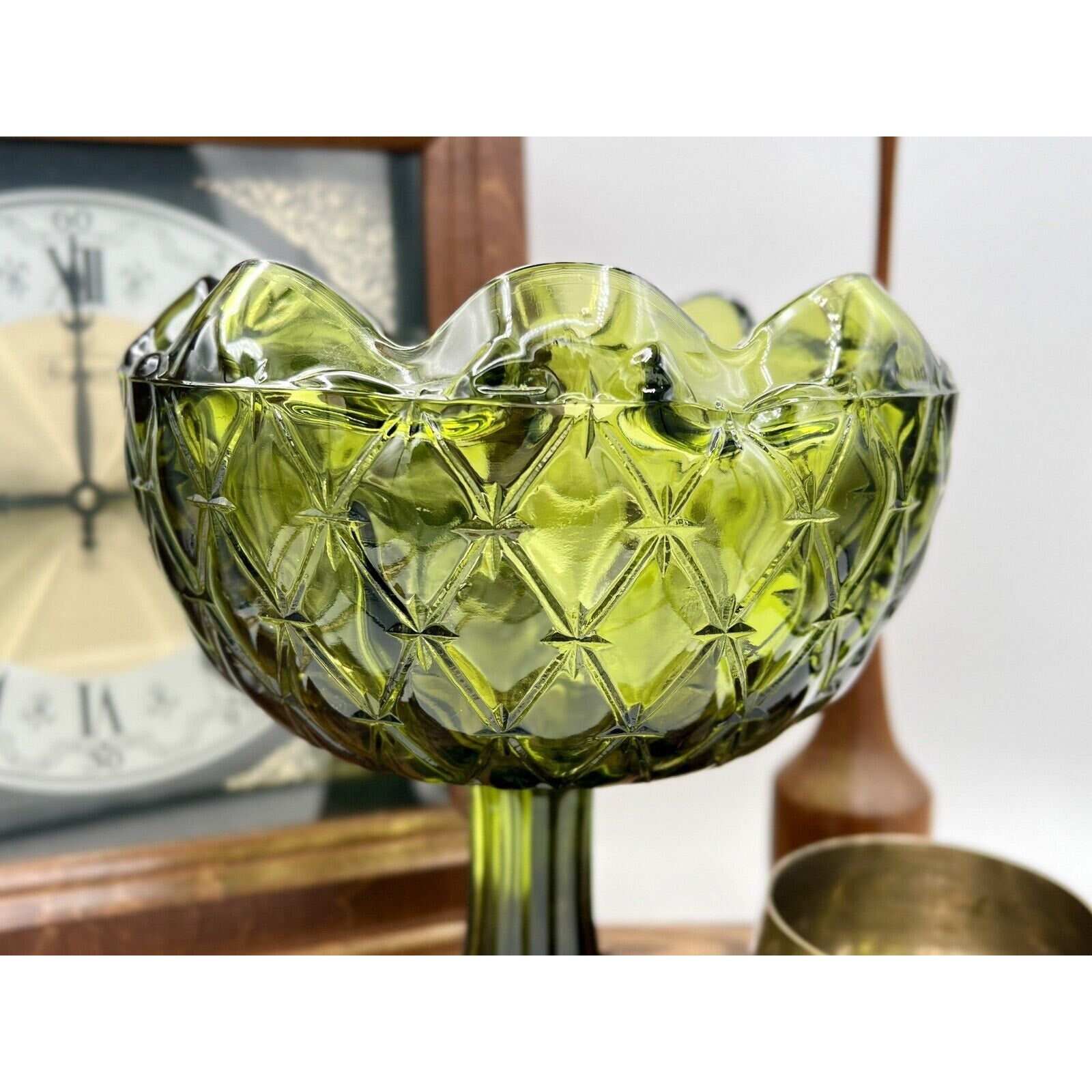 Indiana Glass Green Crimped Edge Duette Quilted Diamond Design Pedestal Bowl