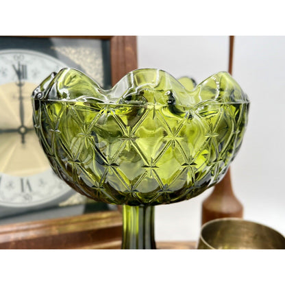 Indiana Glass Green Crimped Edge Duette Quilted Diamond Design Pedestal Bowl