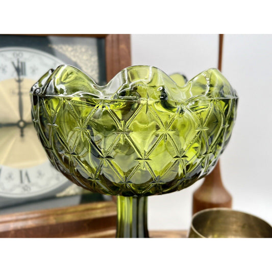 Indiana Glass Green Crimped Edge Duette Quilted Diamond Design Pedestal Bowl