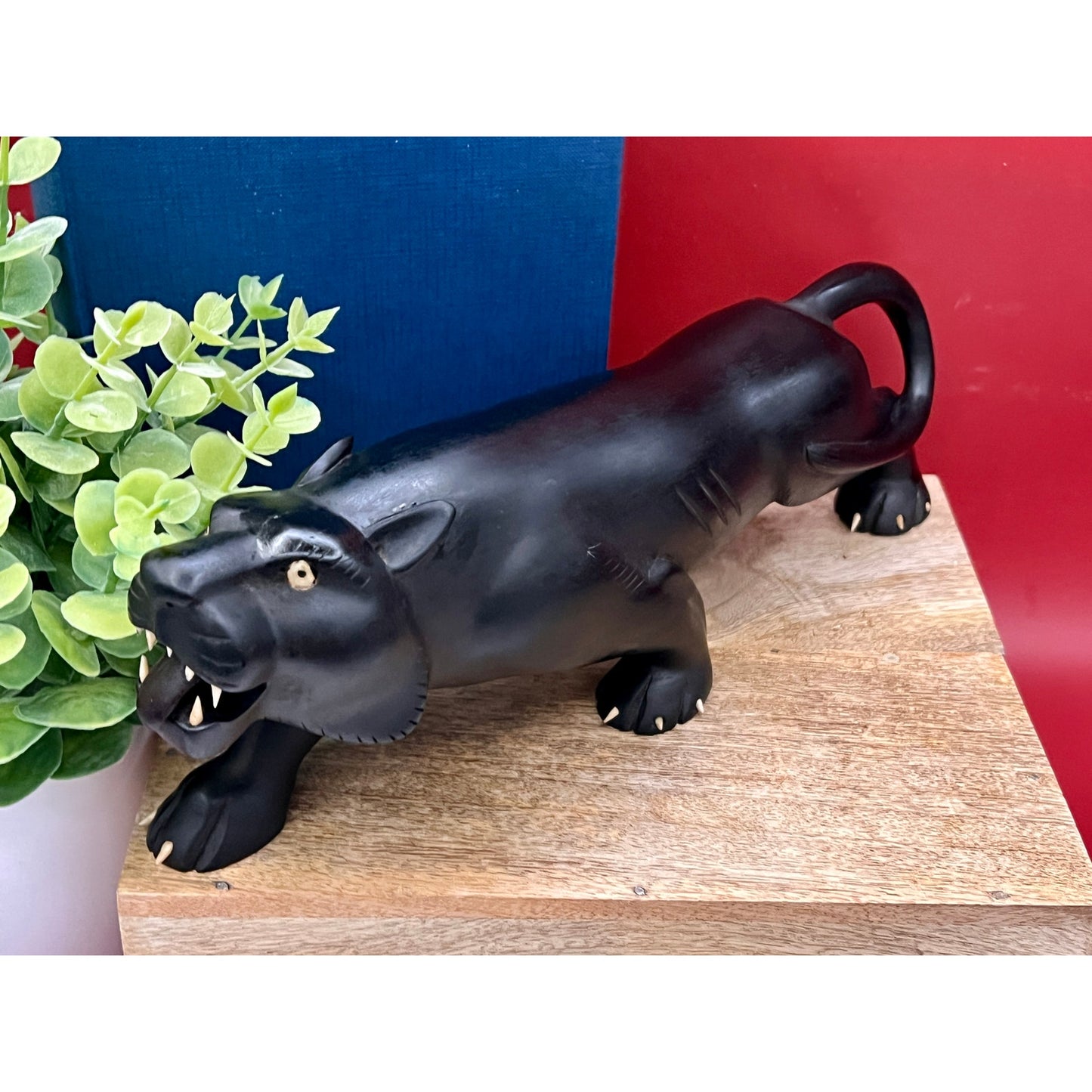 Mid-Century Hand-Carved 11.5” Black Panther Ebony Wood Statue