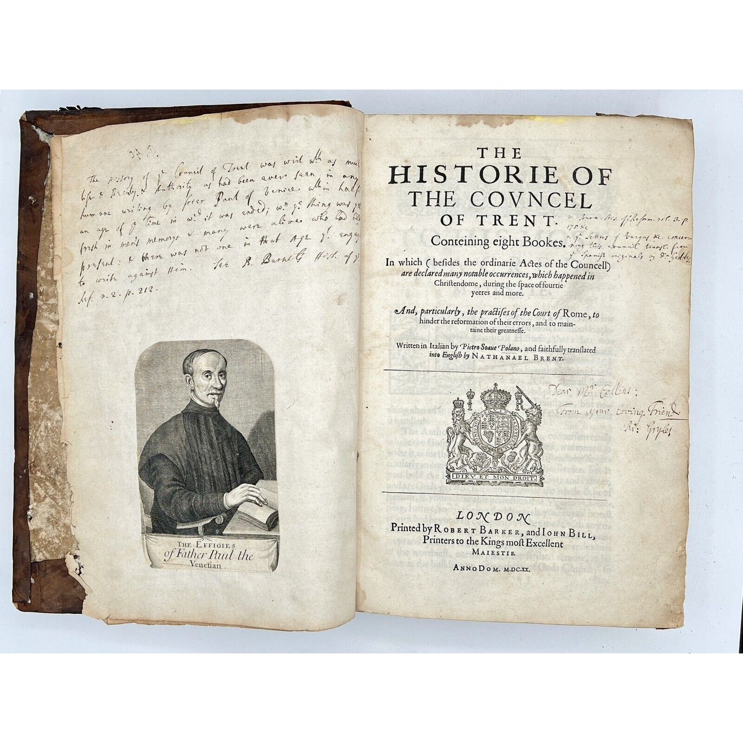 The Historie of the Councel of Trent, 1620 First English Edition w/ Inscriptions