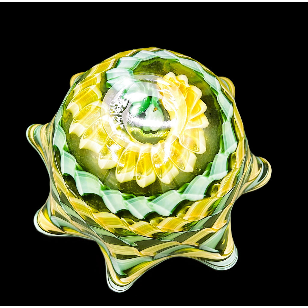 Handblown Midcentury Handkerchief Glass Bowl With Yellow & Green Ribbon Design