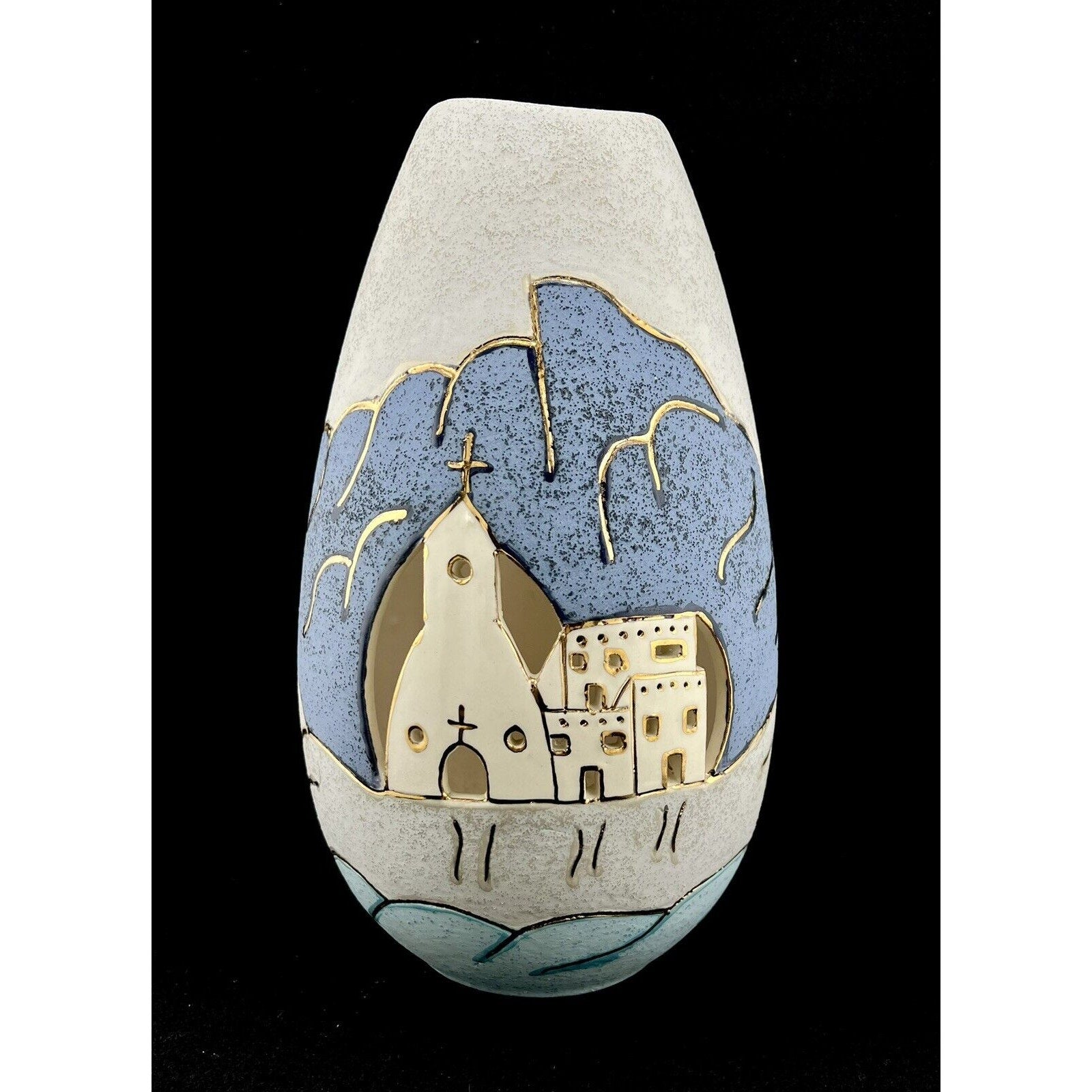 Hand Thrown Southwestern Style Art Pottery 10" Lantern w/ Cutouts & Gold Trim