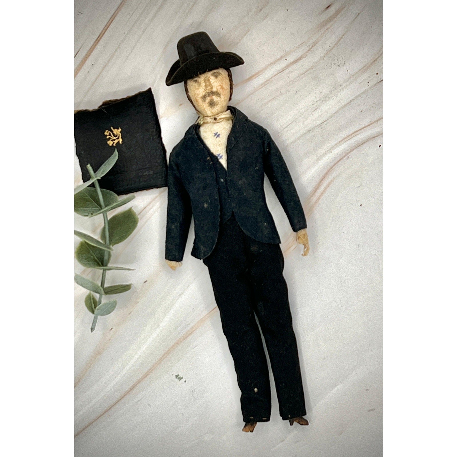 Antique Vintage Doll in Black Suit with Hat - Early 20th Century Collectible