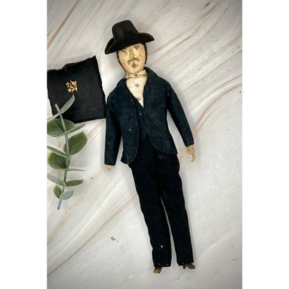 Antique Vintage Doll in Black Suit with Hat - Early 20th Century Collectible