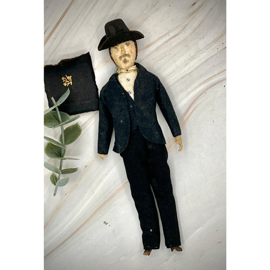 Antique Vintage Doll in Black Suit with Hat - Early 20th Century Collectible