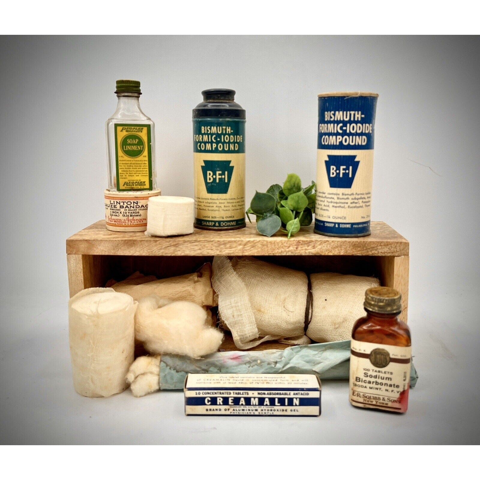 Various Antique First Aid Supplies, Johnson & Johnson, ER Squibb & Sons, etc