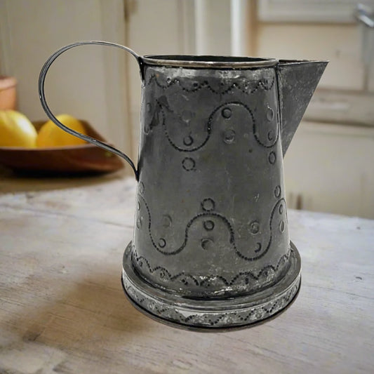 Vintage Tin Pitcher with Etched Design - Antique Kitchen Decor