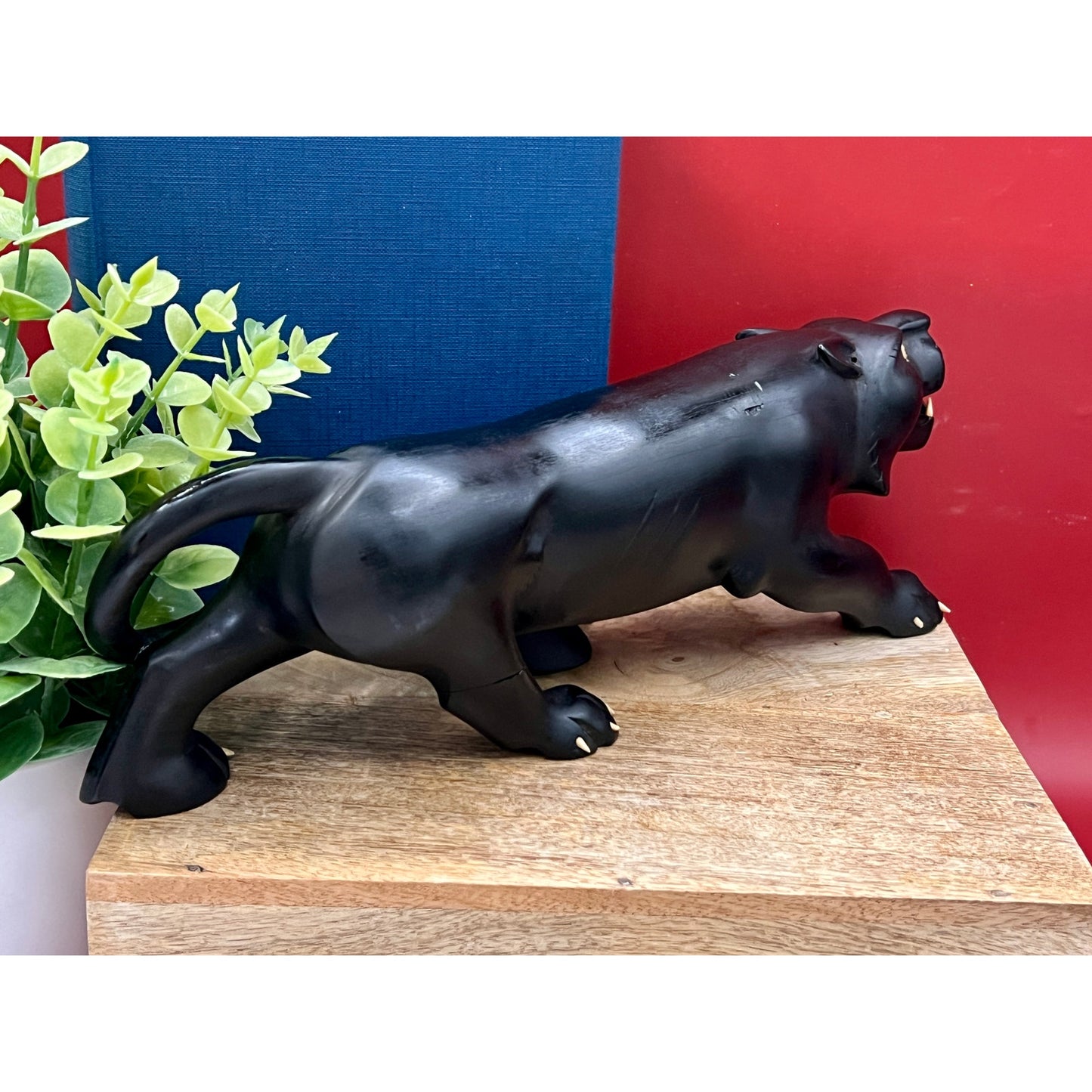 Mid-Century Hand-Carved 11.5” Black Panther Ebony Wood Statue
