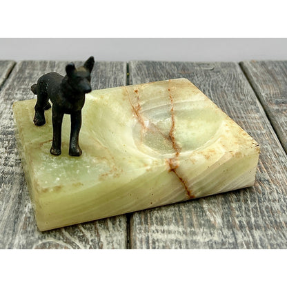 Unique Brass Dog Figurine on Onyx Ashtray