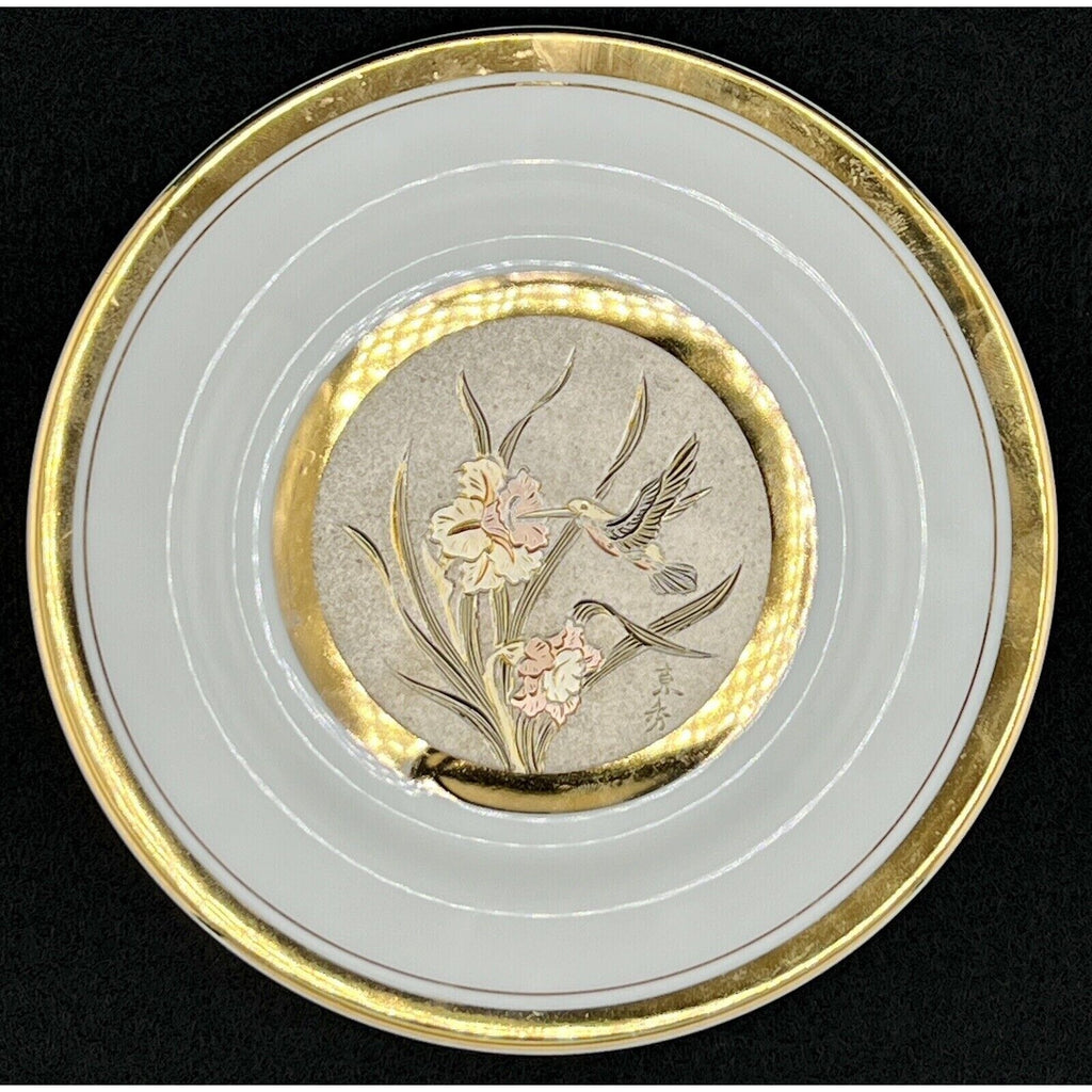 Pair of Art of Chokin 6" 24k Gold Plates Peacock, Duck, Hummingbird, Butterflies