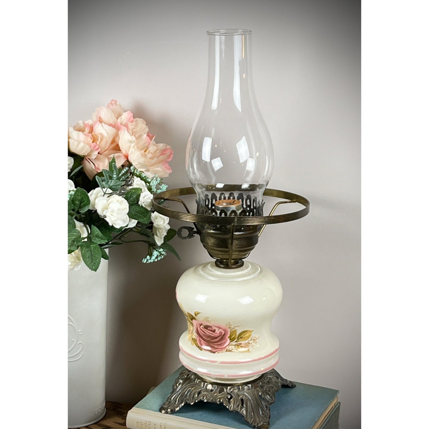 Vintage Hurricane Lamp with Floral Design and Ornate Metal Base - Antique Style Oil Lamp