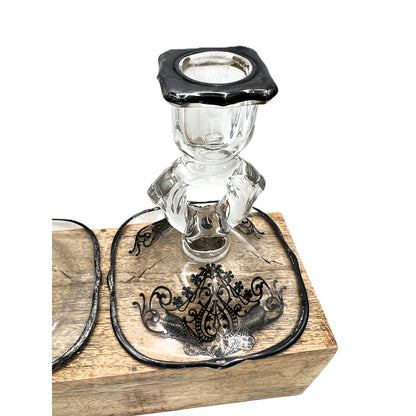 Exquisite Set of 4 Vintage Keyhole Glass Candlesticks with Embossed Silver Bases