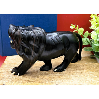 Hand-Carved Ebony Lion Sculpture with Bone Accents 7-Inch Art Decor