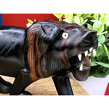 Hand-Carved Ebony Lion Sculpture with Bone Accents 7-Inch Art Decor