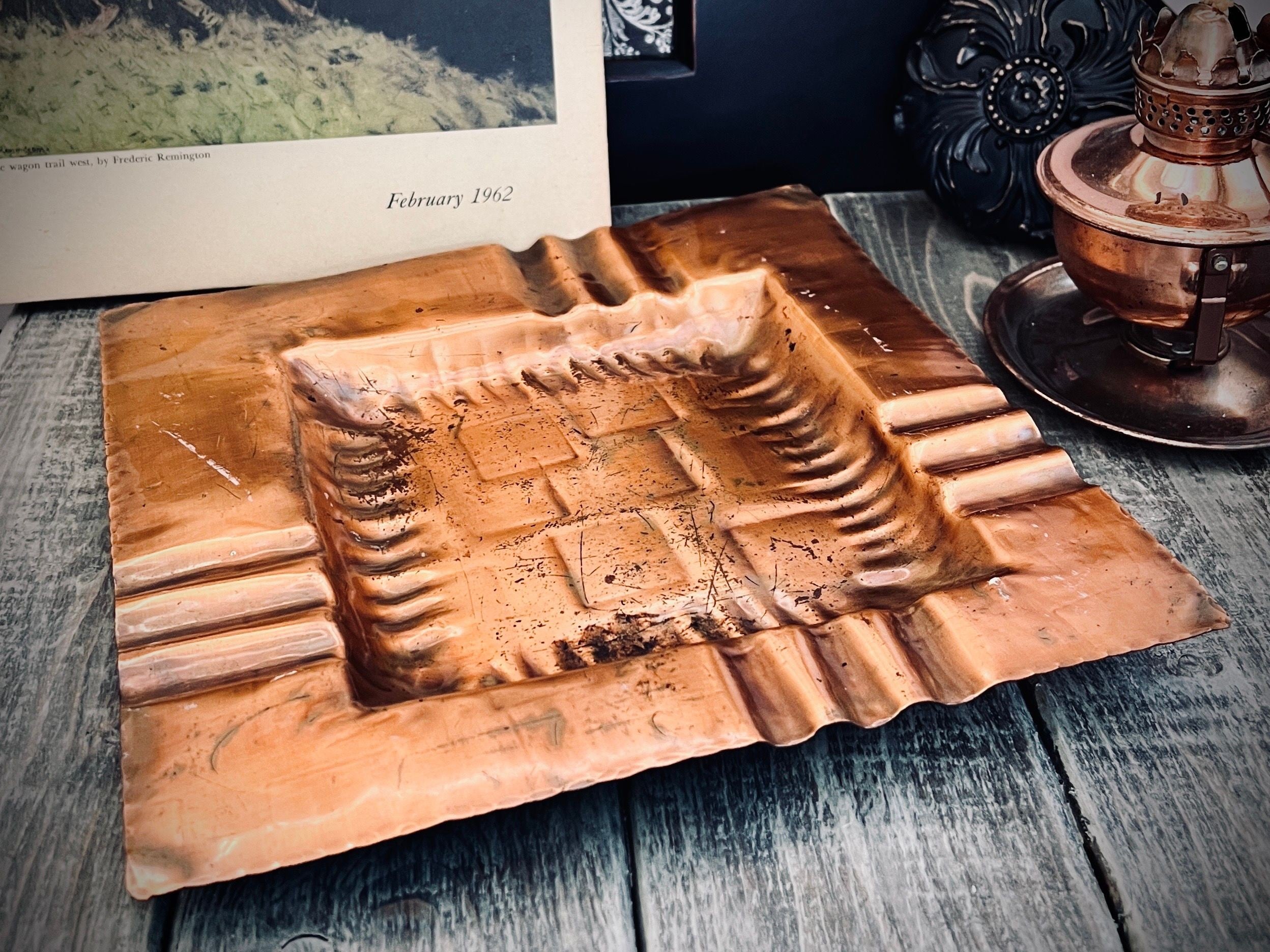 Vintage Gregorian Copper No. 526 square tray "“ angled view