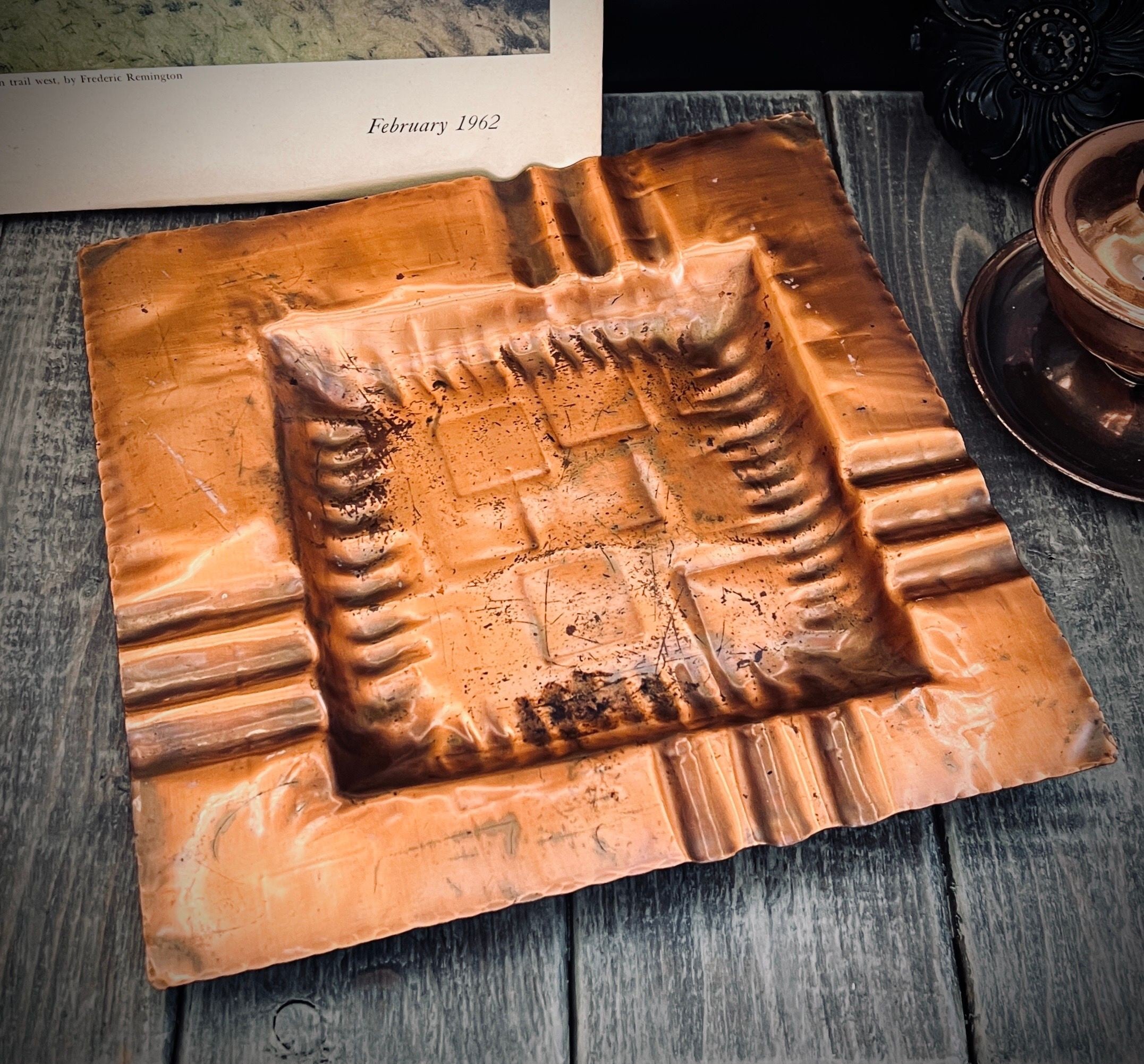 Vintage Gregorian Copper Tray No. 526 - Hand-Wrought Square Mid-Century Modern Ashtray / Catchall (8.5")