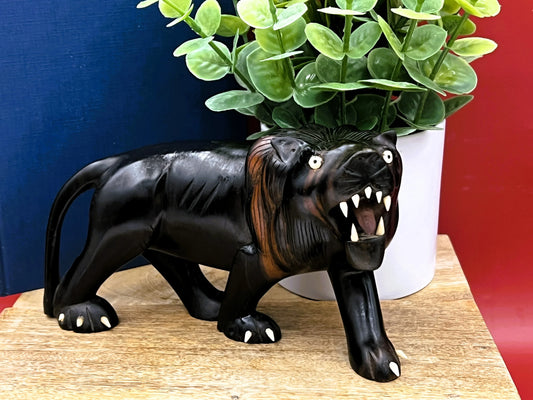 Hand-Carved Ebony Lion Sculpture with Bone Accents 7-Inch Art Decor