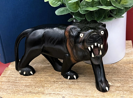 Hand-Carved Ebony Lion Sculpture with Bone Accents 7-Inch Art Decor