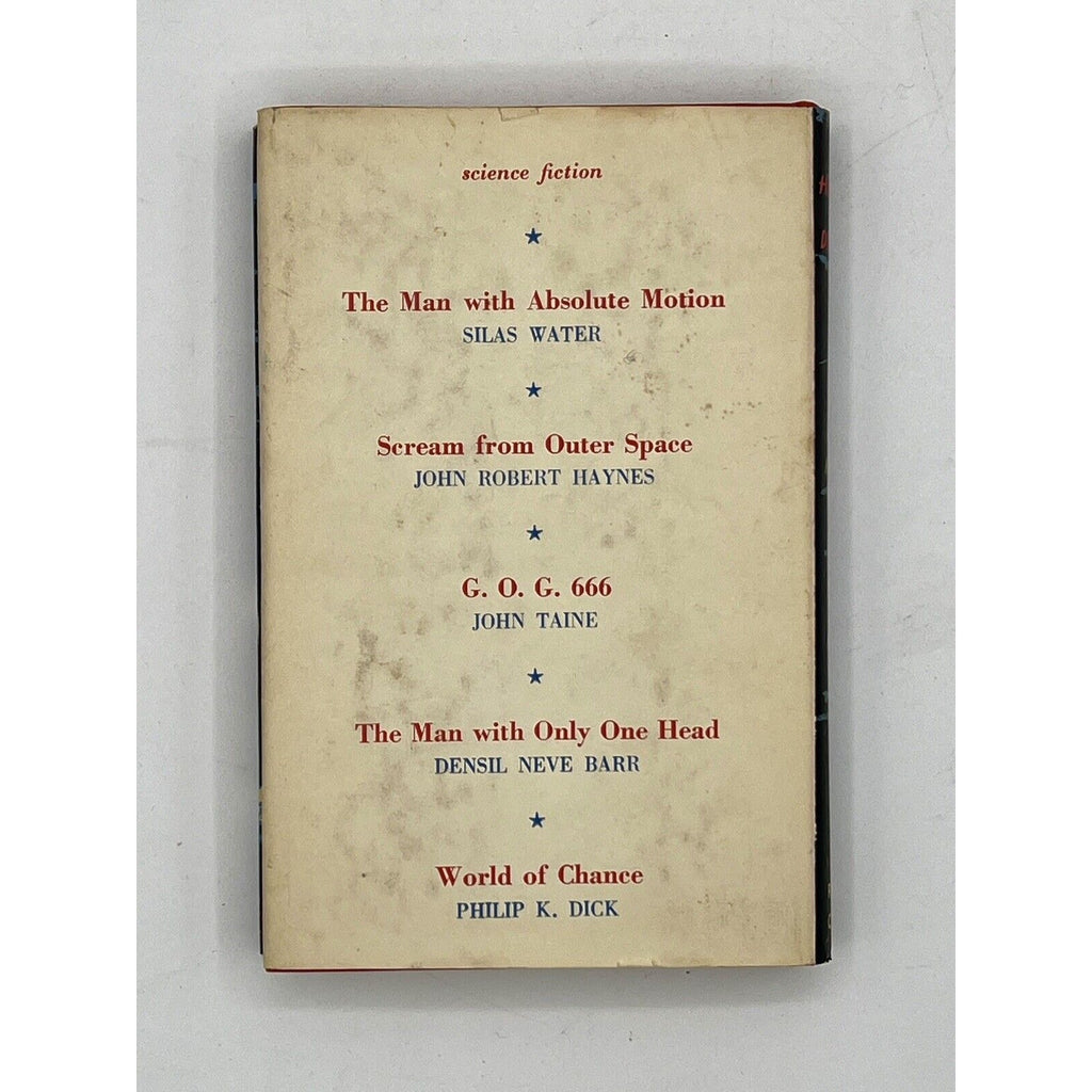 Book with a beige cover featuring text of science fiction titles and authors on a white background
