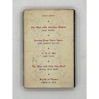 Book with a beige cover featuring text of science fiction titles and authors on a white background