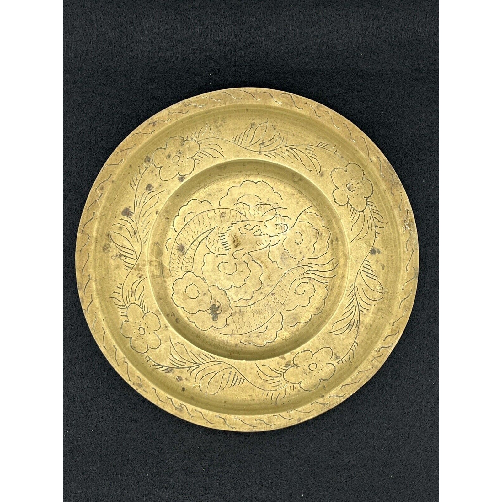 Antique Vintage Chinese Hand Engraved Brass Dragon Plate Dish 8 in. Diameter