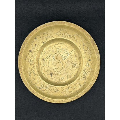 Antique Vintage Chinese Hand Engraved Brass Dragon Plate Dish 8 in. Diameter