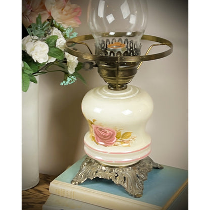 Vintage Hurricane Lamp with Floral Design and Ornate Metal Base - Antique Style Oil Lamp