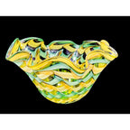 Handblown Midcentury Handkerchief Glass Bowl With Yellow & Green Ribbon Design