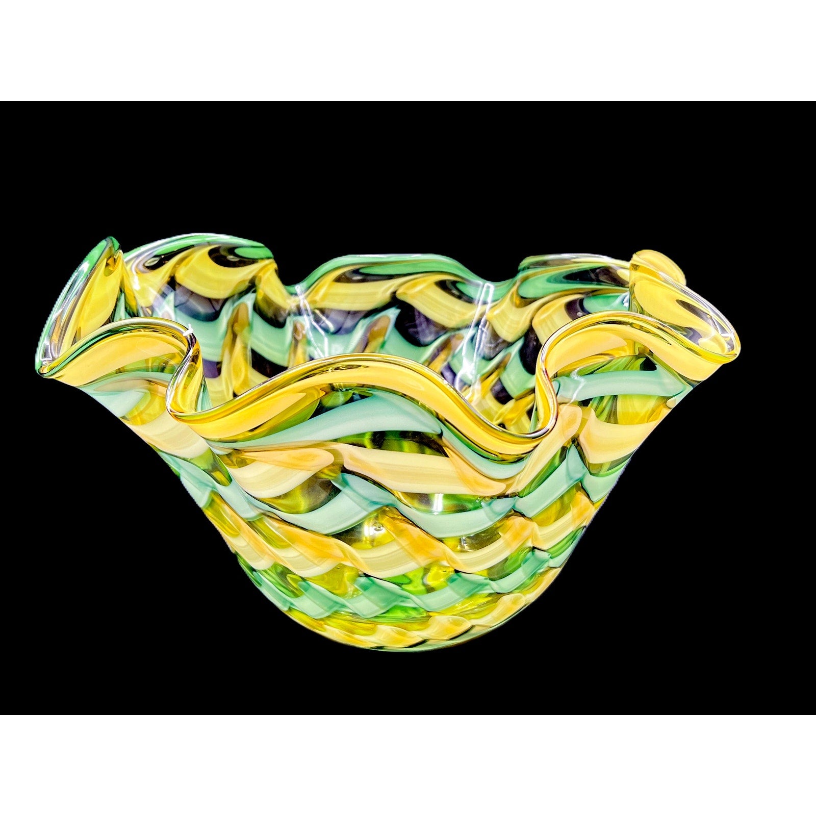 Handblown Midcentury Handkerchief Glass Bowl With Yellow & Green Ribbon Design