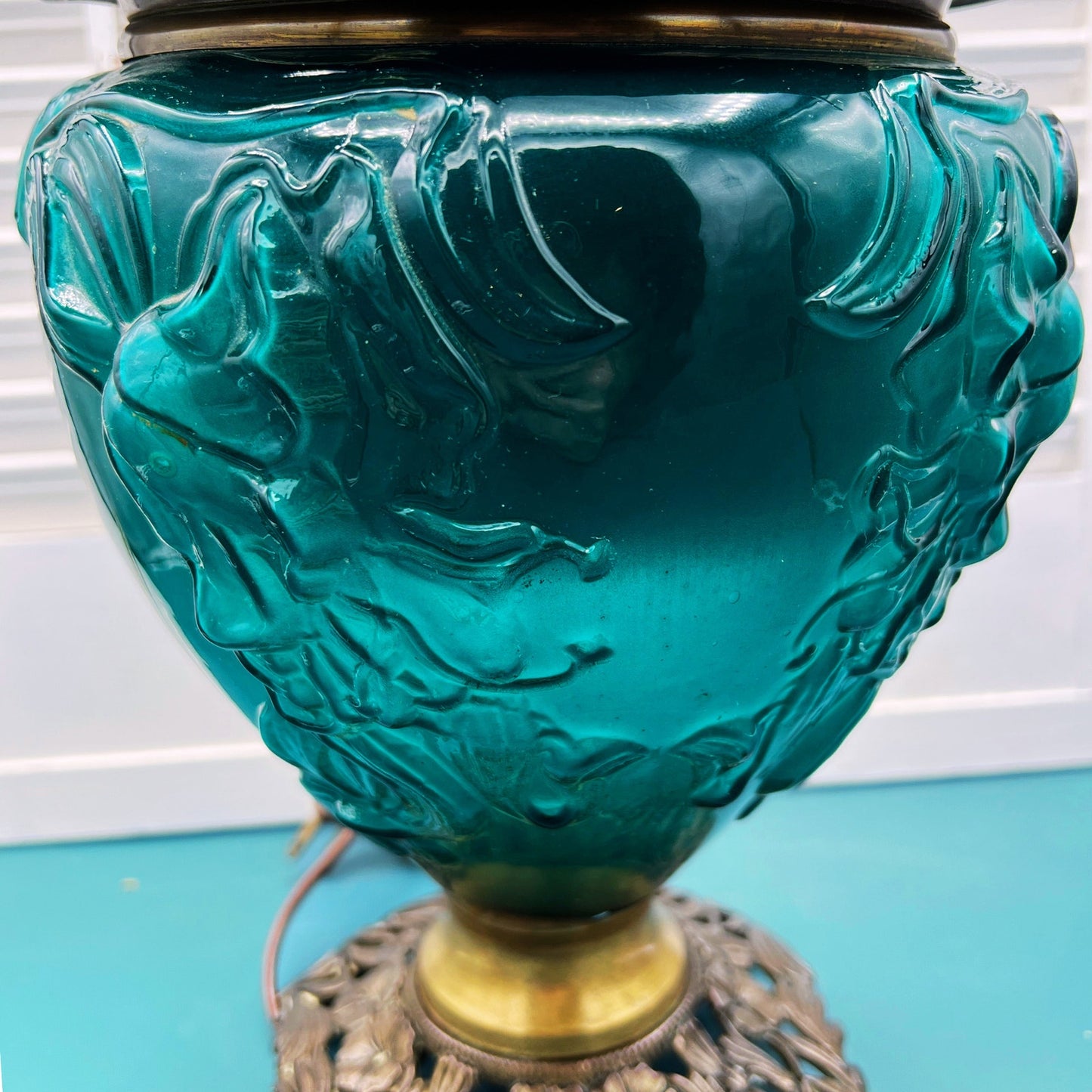 Antique "Success" Converted Oil Lamp with Hand-Painted Lily on Emerald Green Glass