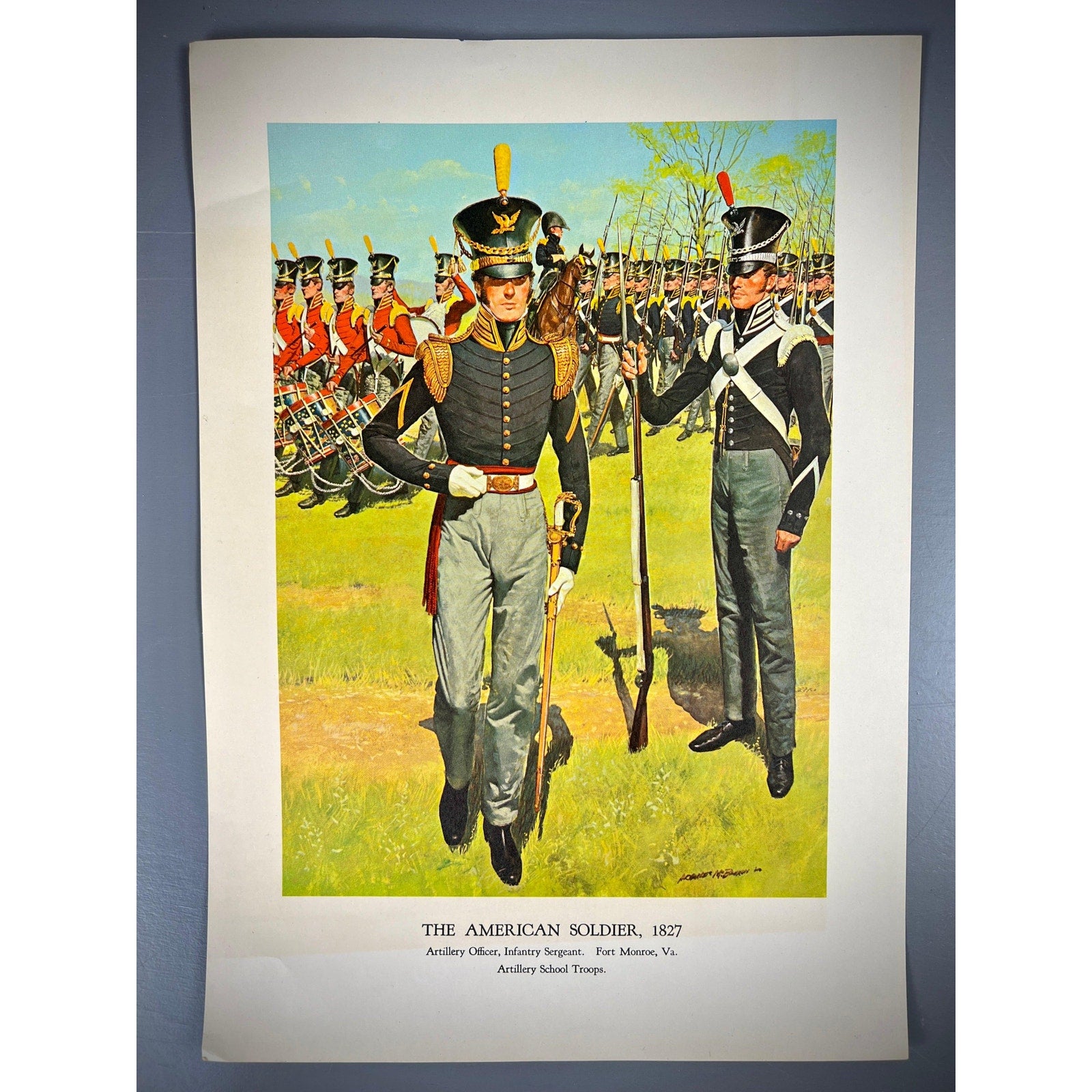 Hugh McBarron lithograph The American Soldier, 1827, showing artillery officer and infantry sergeant at Fort Monroe.