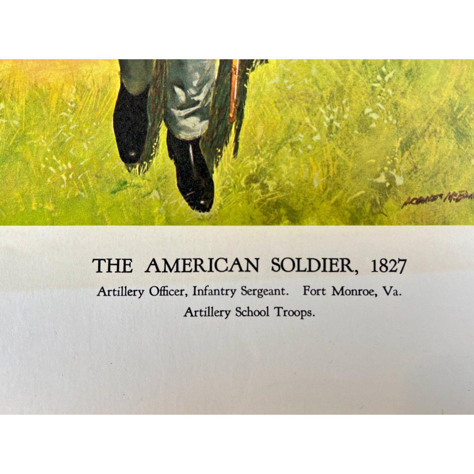 Partial view from The American Soldier, 1827 lithograph with captions of artillery officer and infantry sergeant.