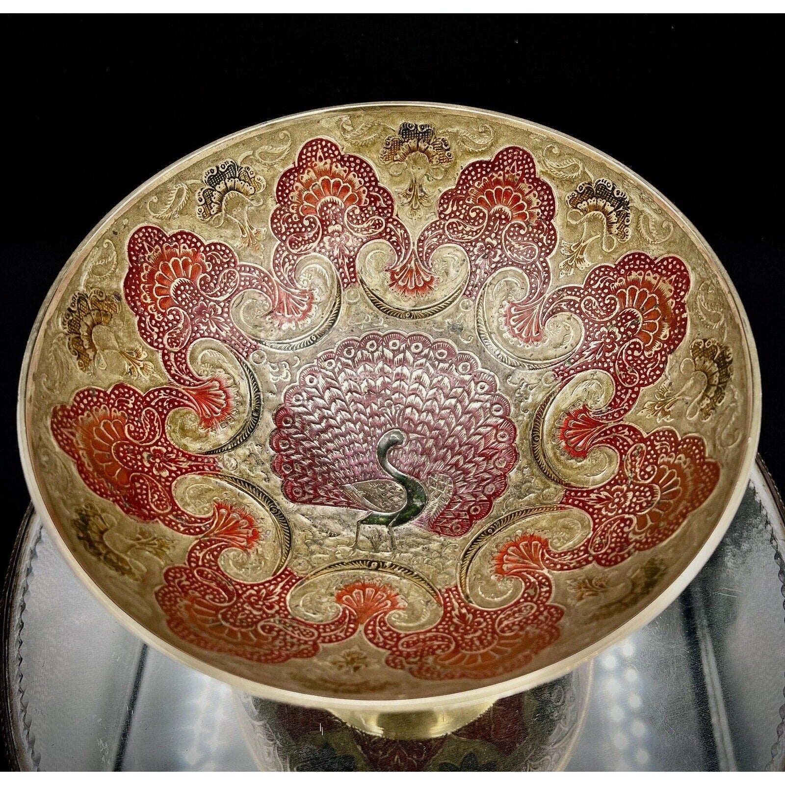 Cloissone Brass Enamel 9” Bowl with Peacock Interior Design