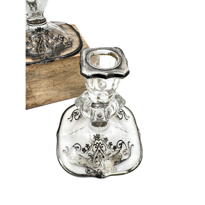 Exquisite Set of 4 Vintage Keyhole Glass Candlesticks with Embossed Silver Bases