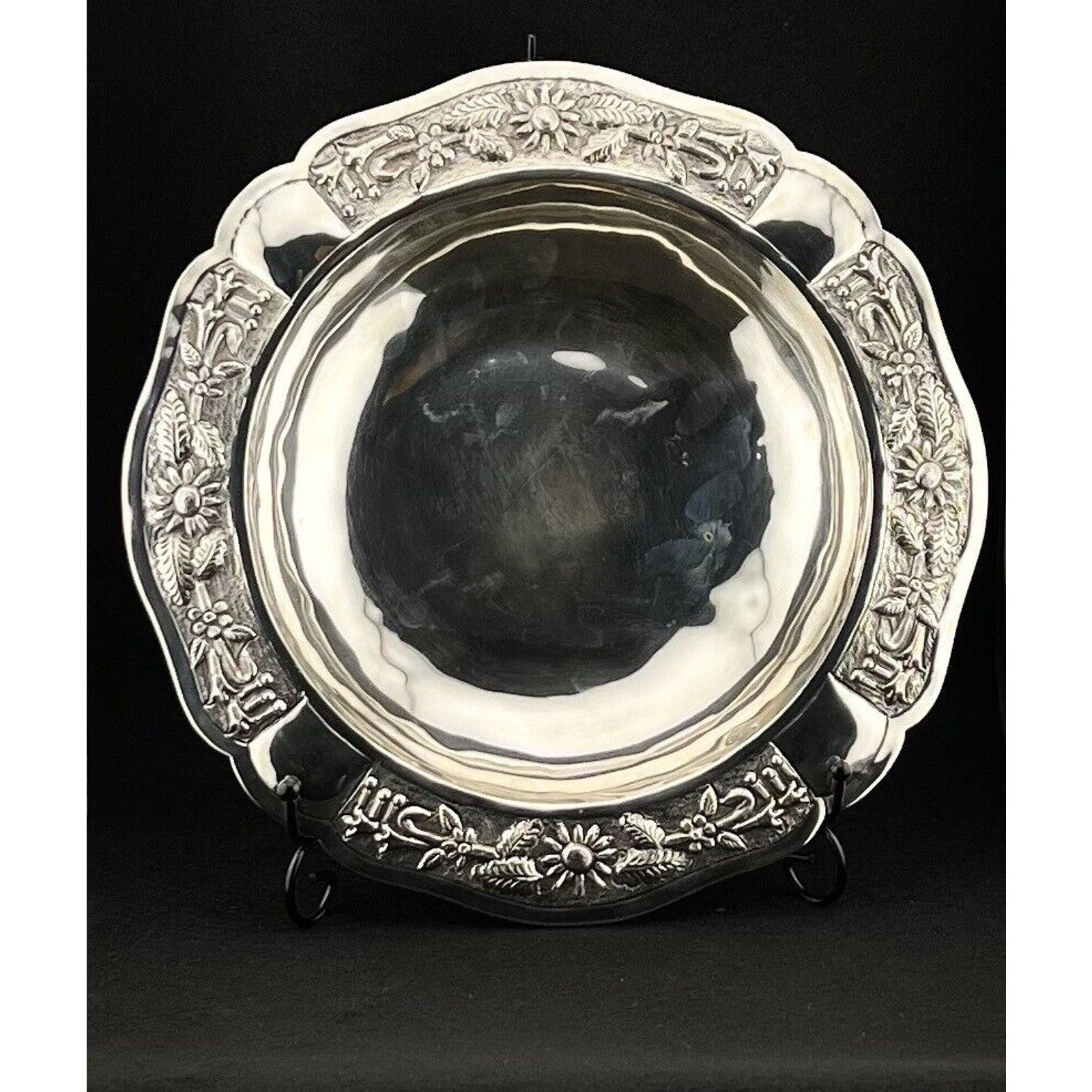 Maciel Mexico 925 sterling silver bowl with ornate repousse floral border; rare mid-century centerpiece.