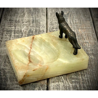 Unique Brass Dog Figurine on Onyx Ashtray