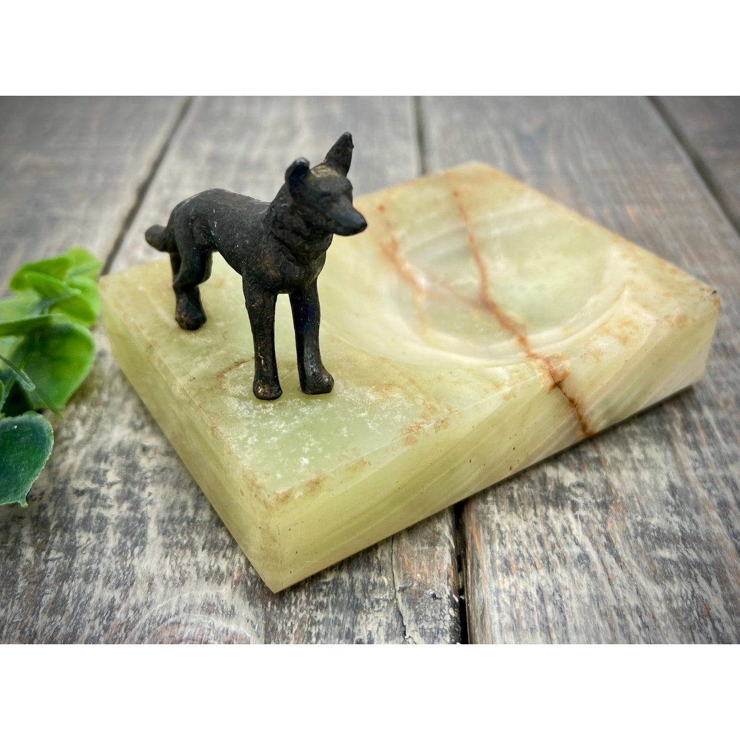 Unique Brass Dog Figurine on Onyx Ashtray