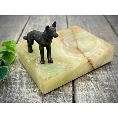 Unique Brass Dog Figurine on Onyx Ashtray