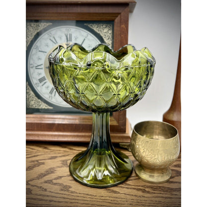 Indiana Glass Green Crimped Edge Duette Quilted Diamond Design Pedestal Bowl