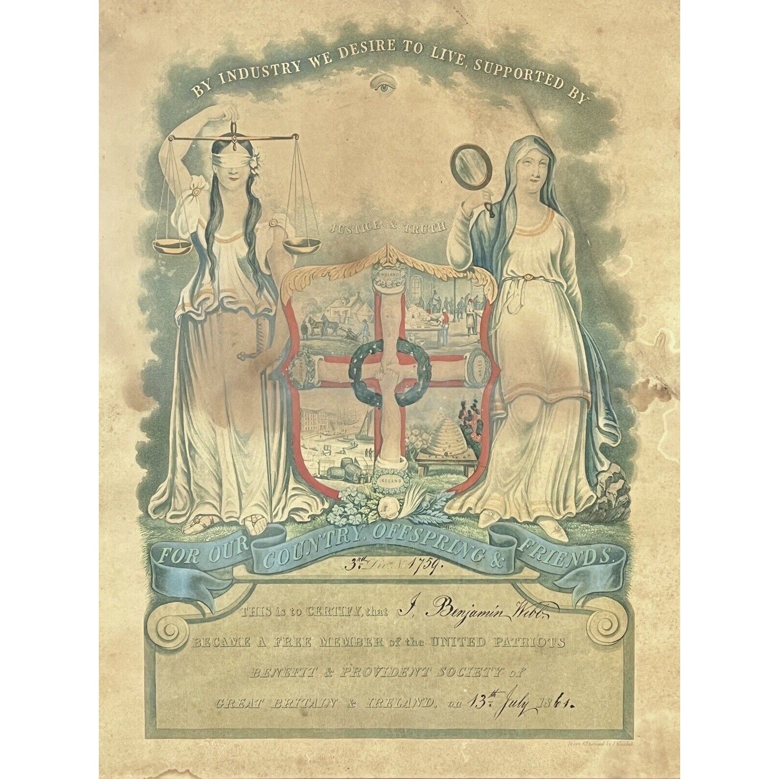 United Patriots Benefit & Provident Society Membership Certificate- 1861