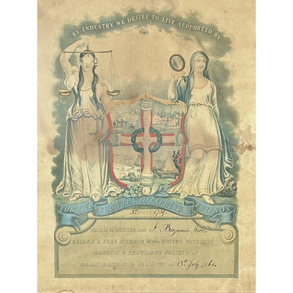 United Patriots Benefit & Provident Society Membership Certificate- 1861