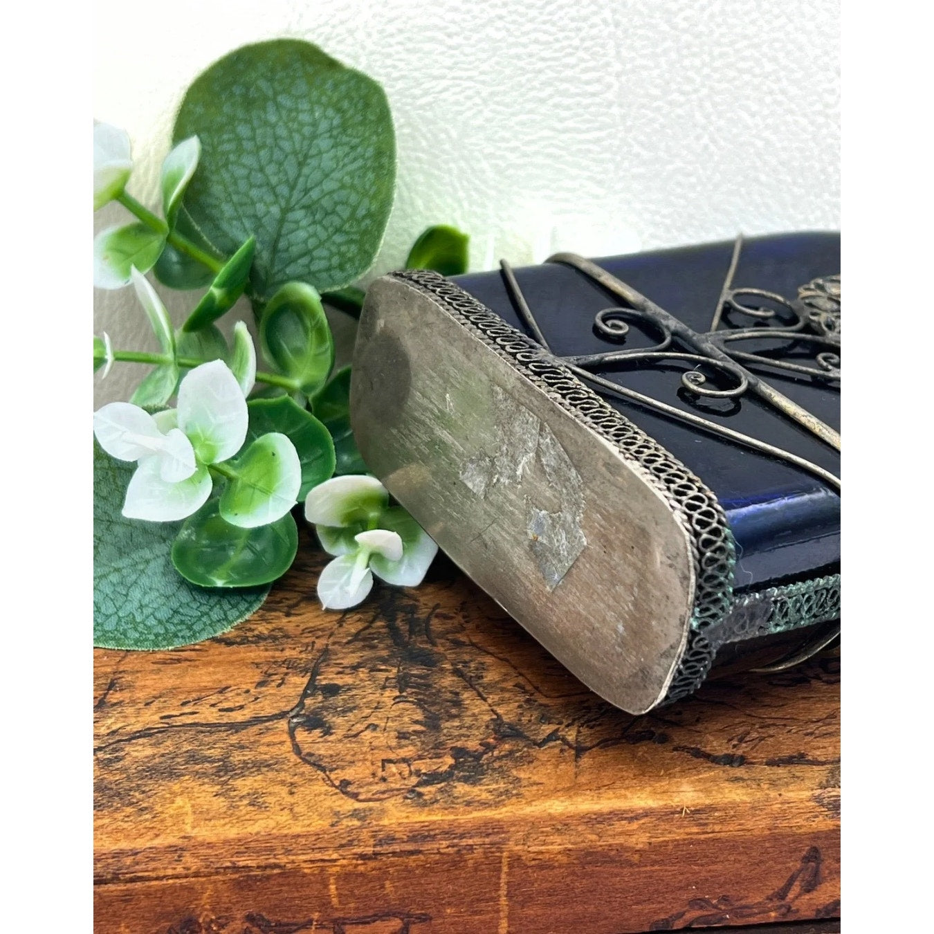 Blue Glass Perfume Bottle with Ornate Silver Design