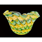 Handblown Midcentury Handkerchief Glass Bowl With Yellow & Green Ribbon Design